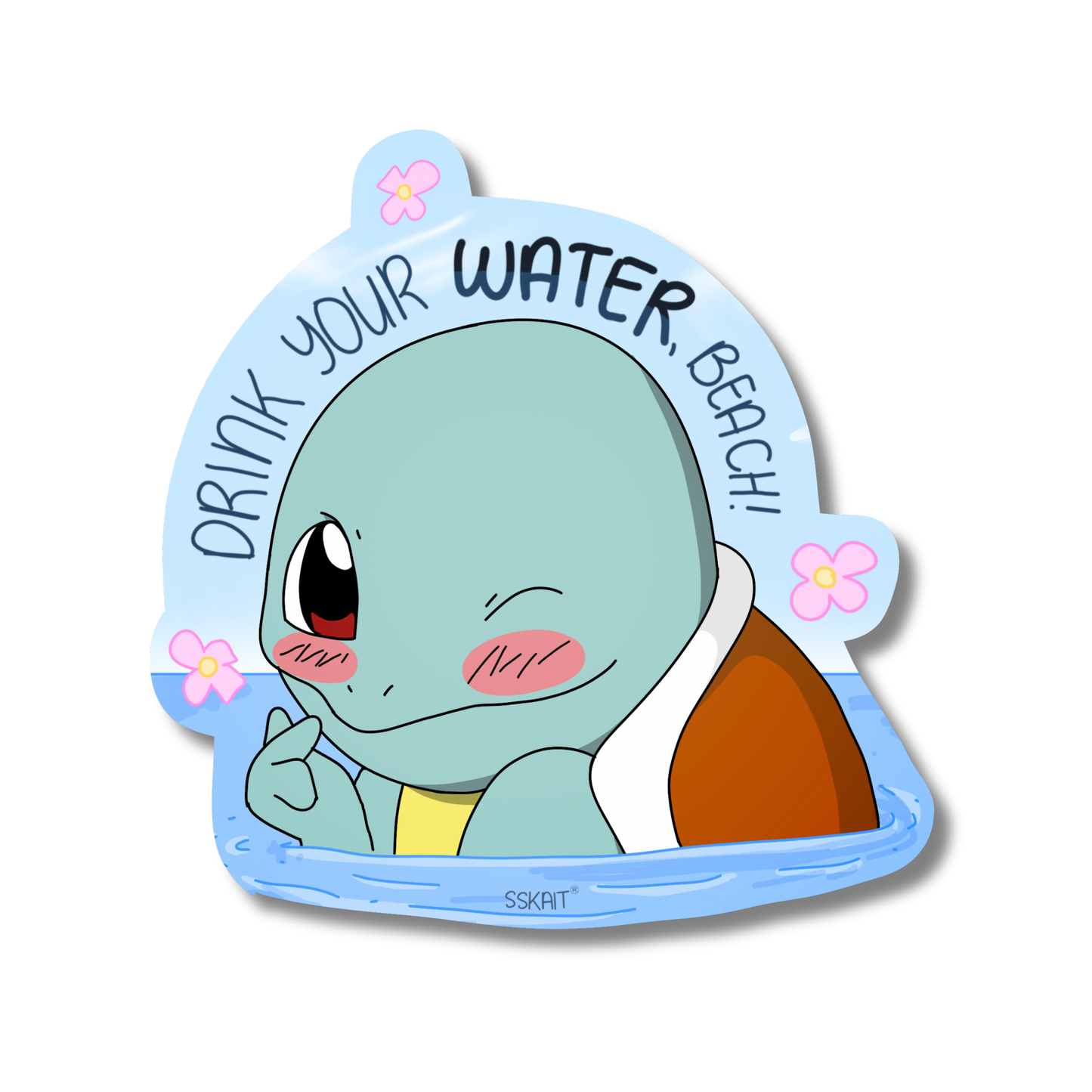 SSKAIT Drink Your Water Beach - Squirtle (Pokemon) Funny Mood Diecut Sticker
