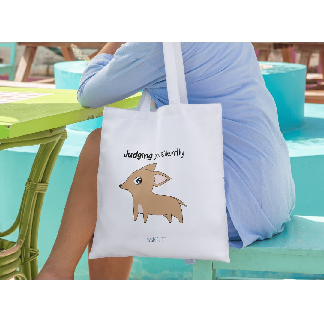 SSKAIT Judging You Silently Chihuahua Dog - Funny Mood Canvas Tote Bag