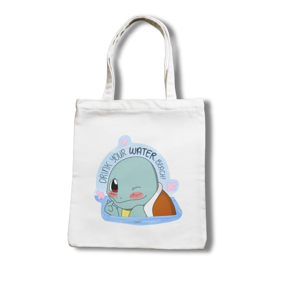 SSKAIT Drink Your Water Beach (Squirtle) - Funny Mood Canvas Tote Bag